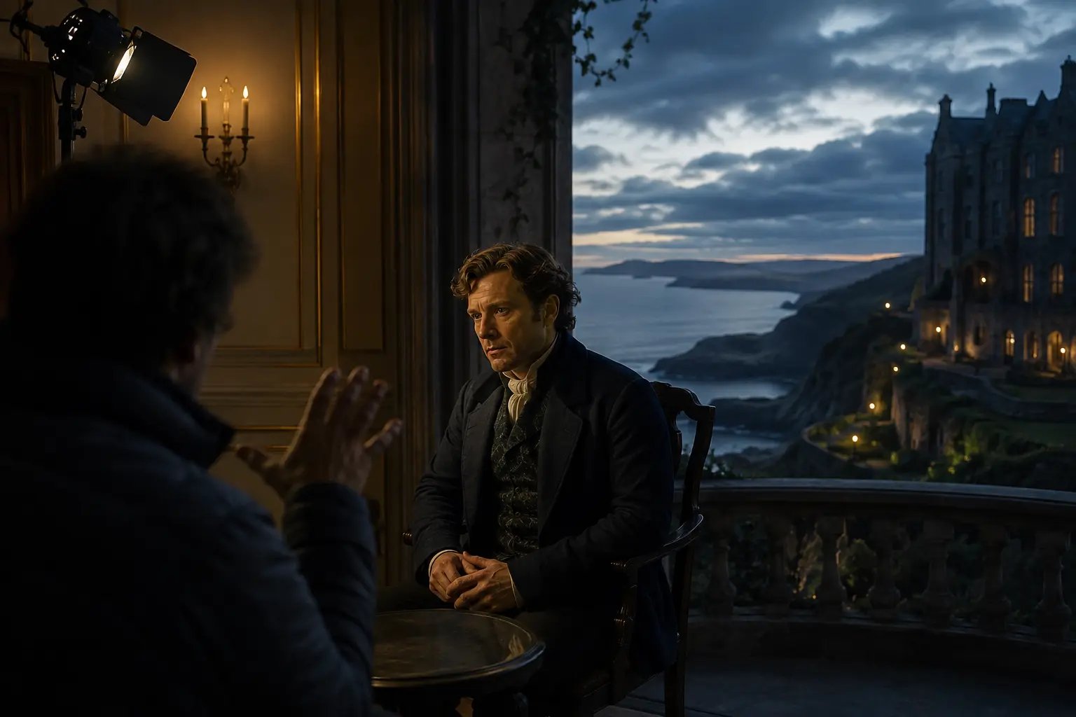 A real actor on a controlled live-action set opening into an expanded coastal estate environment