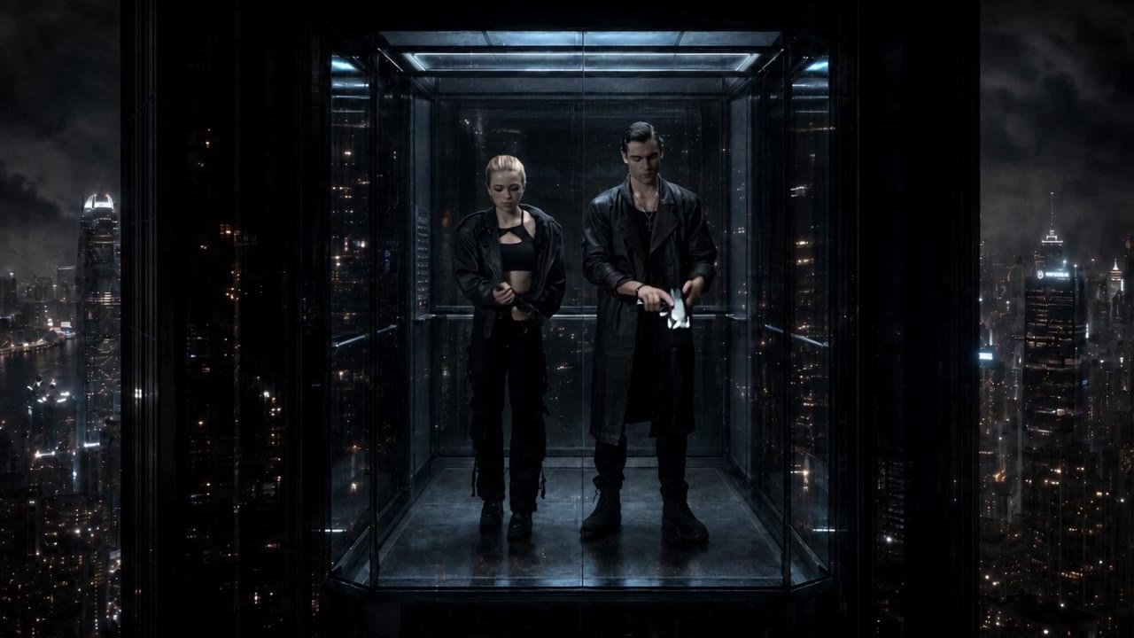 Two live actors in an AI-assisted futuristic city environment